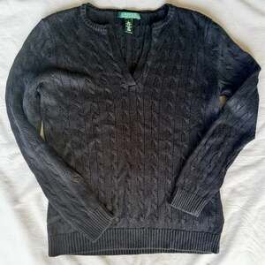 Lauren Ralph Lauren Black Cable Knit V-Neck Sweater Size Large